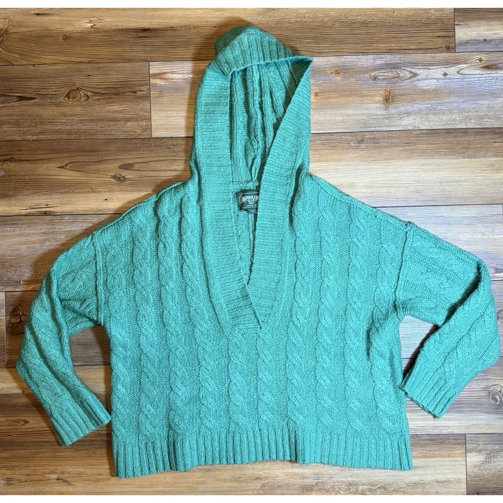 American Eagle Hooded Cable Knit Sweater Women's Small Teal Shawl Collar